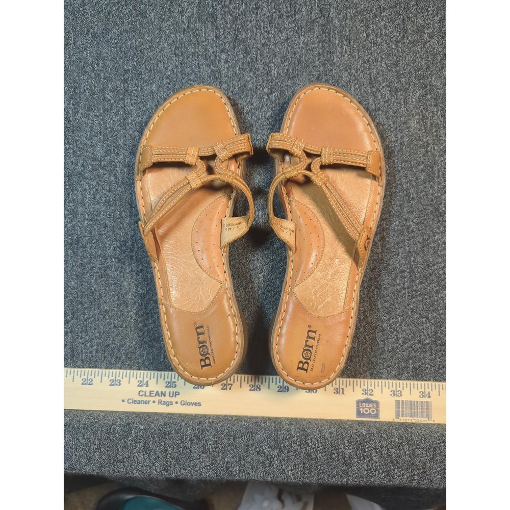 Born Tan Leather Multi Strap Slide Sandals Womens 9 EU 40.5 BROKE STRAP